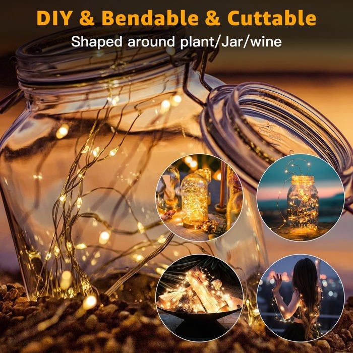 Battery-operated string lights, 10m, 100 LEDs, for indoor and outdoor use, copper wire, small Christmas lights (warm white)