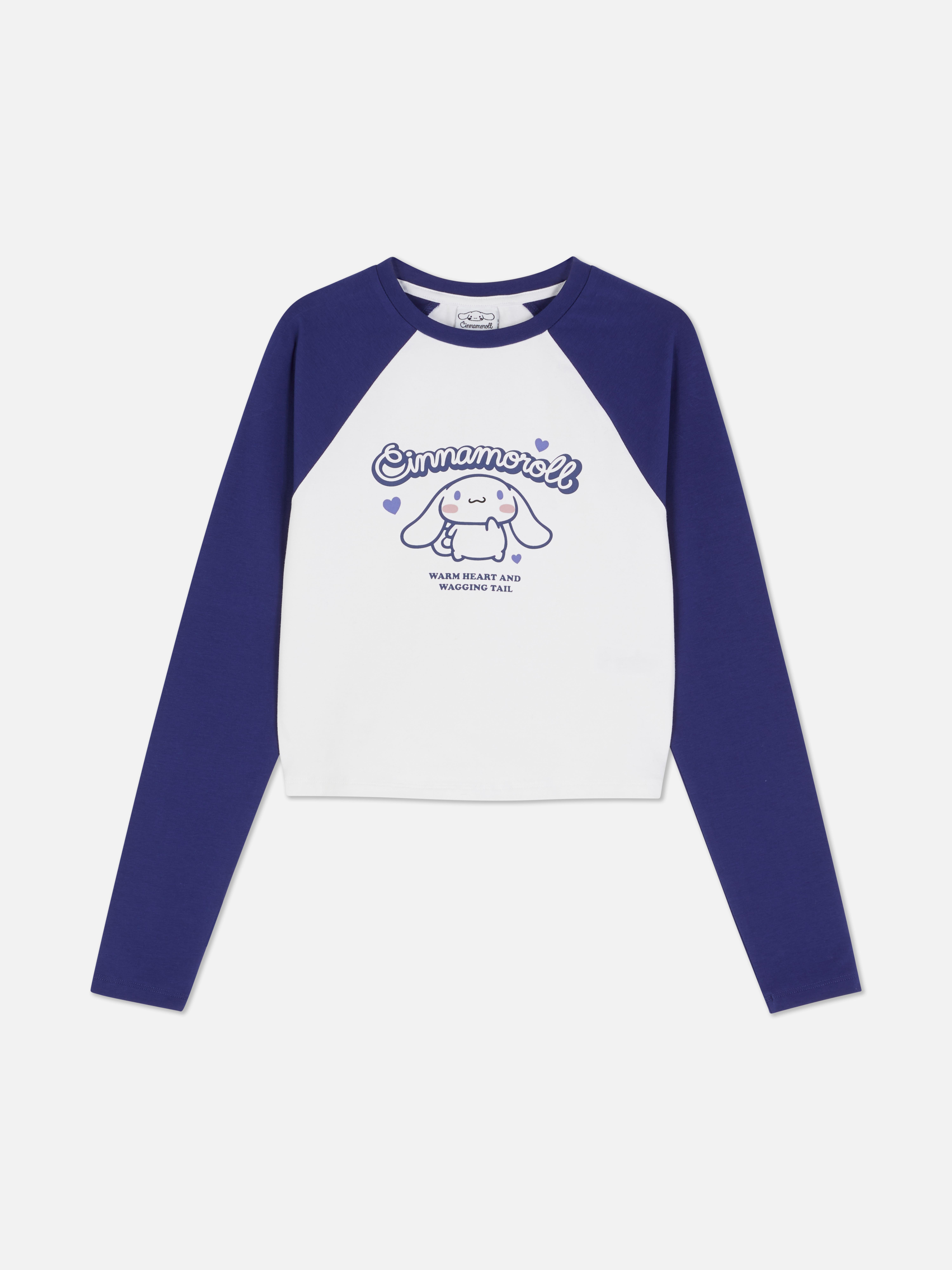 Tricou Hello Kitty cu mânecă raglan și imprimeu Cinnamoroll. Un tricou scurt cu mâneci lungi raglan și un imprimeu Cinnamoroll pentru