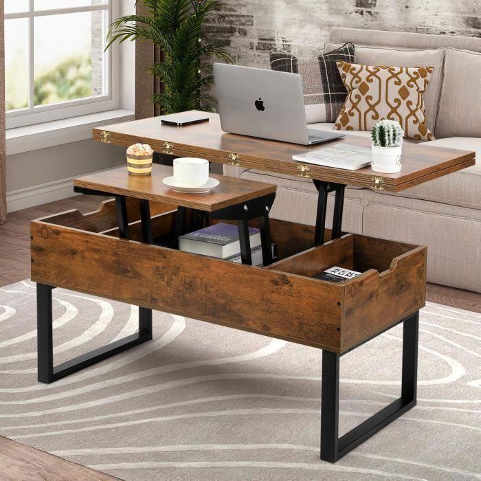Table Basse Relevable - VOWNER - Table Basse Convertible Manger de Salon, Marron Vintage - Salon - Rectangulaire - Vintage