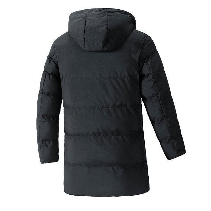 Chaqueta acolchada para hombre con capucha, abrigo de invierno cálido, chaqueta informal de largo medio con mangas largas, color liso con bolsillos – Negro