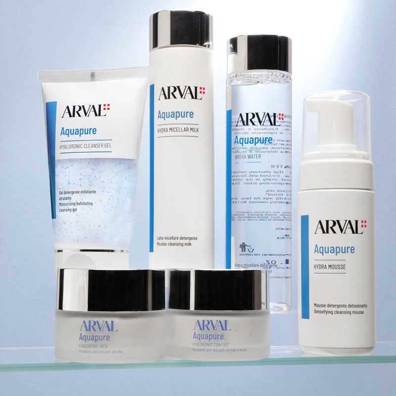 Gel de limpeza Arval Aquapure com ácido hialurônico, gel esfoliante suave para uma limpeza perfeita da pele.