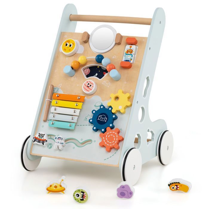 DREAMADE Wooden Baby Walker, Montessori Baby Walker with Mirror & Storage Space & Educational Toy, Light Green