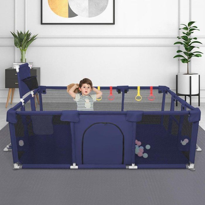 Parque infantil XUANYU, parque infantil modular plegable XXL con barreras/redes/pelota de playa/4 asas - Azul