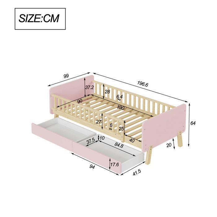 Lit enfant 90x190 en bois massif avec sommier à lattes et 2 tiroirs – Rose