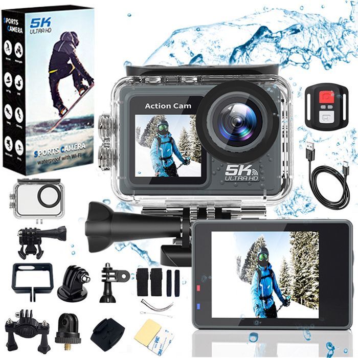 Cámara deportiva 5K a 30 FPS con doble pantalla táctil, 24 MP, resistente al agua hasta 30 m (EIS), pantalla LCD gran angular de 170° con tarjeta de memoria de 64 GB