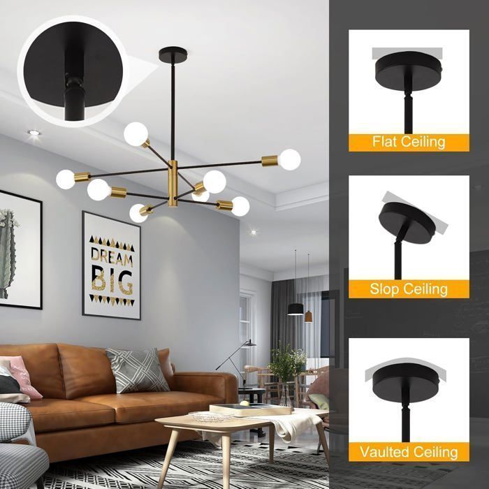 GANEED 8-Light Adjustable Industrial Pendant Light - Black+Gold - E27 - Metal - 85cm (H) * 54cm (W) (E27 bulb not included)