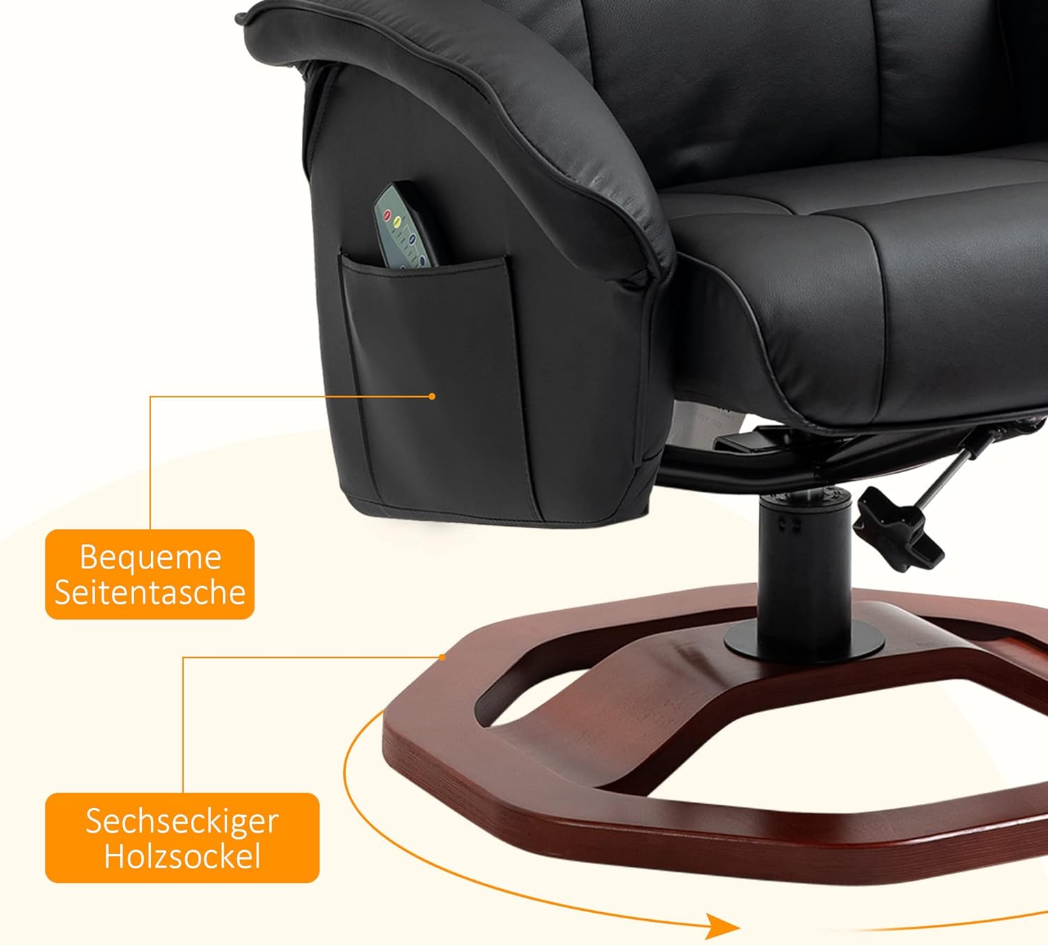 Masážní křeslo HOMCOM s opěrkou nohou, funkce odpočinku, polohovací křeslo s masážní funkcí, otočné o 360°, umělá kůže, černá + hnědá ocel, 73 x 83 x 106 cm