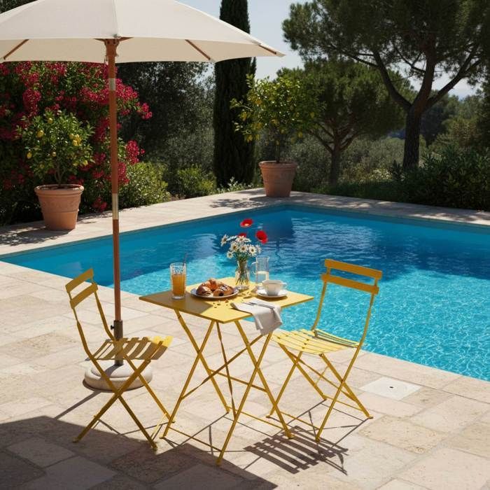Mesa de jardim e 2 cadeiras amarelas de aço - Oviala