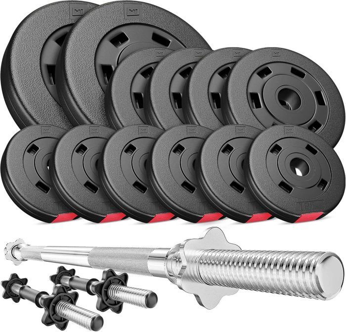 Hop-Sport halterset van 38 kg, bestaande uit een lange stang van 167 cm, korte stangen van 45 cm en gewichtsschijven: 2x5 kg, 4x2,5 kg, 6x1,25 kg