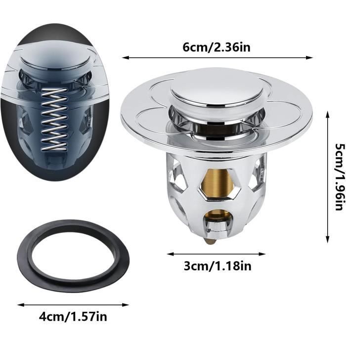 Set di 2 tappi di scarico a scomparsa per lavandini e vasche da bagno, con filtro anti-intasamento, per cucine (da 34 a 40 mm)
