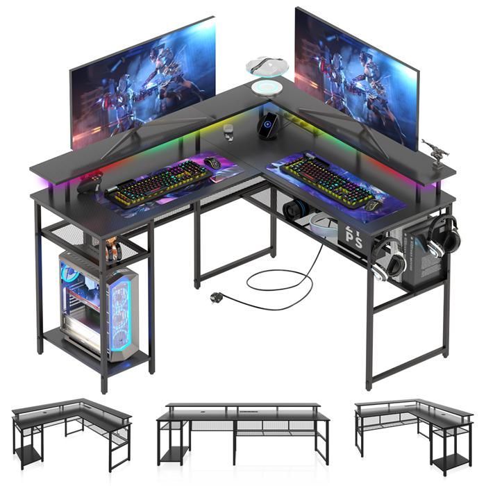 L-vormig gamingbureau - 140x120x75 cm - Hoekbureau met opbergruimte - Monitorstandaard - 2 USB-opladers, 3 stopcontacten, LED-verlichting