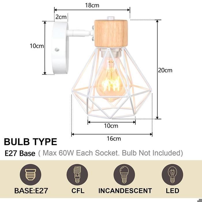 WOTTES Applique murale en bois Moderne intérieure 2 pièces, Ø16cm Blanc Cage lampe murale industrielle pour Cuisine Balcon