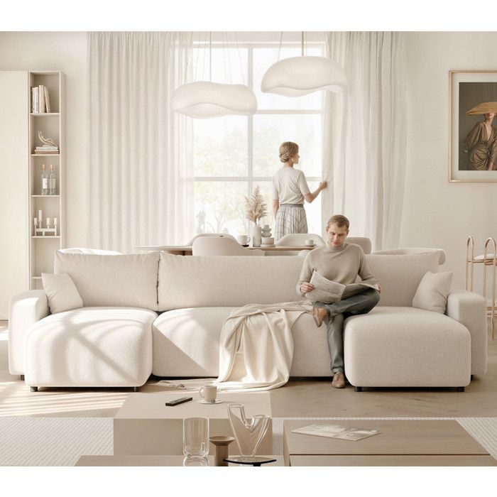 Sofá de canto panorâmico PIANO U - 7 lugares - Sofá conversível com espaço de armazenamento - Tecido creme macio ao toque