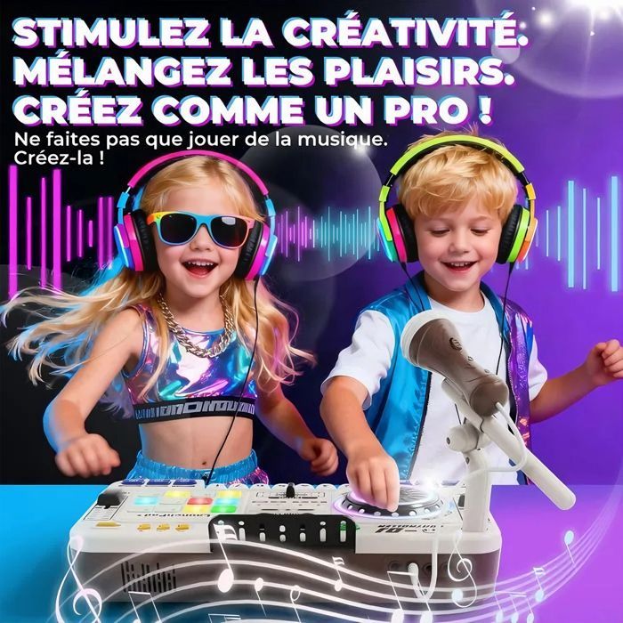DJ Mixer Controller, DJ mixing console for children aged 3-10 years, with microphone, 100+ sound effects, musical toy with lights