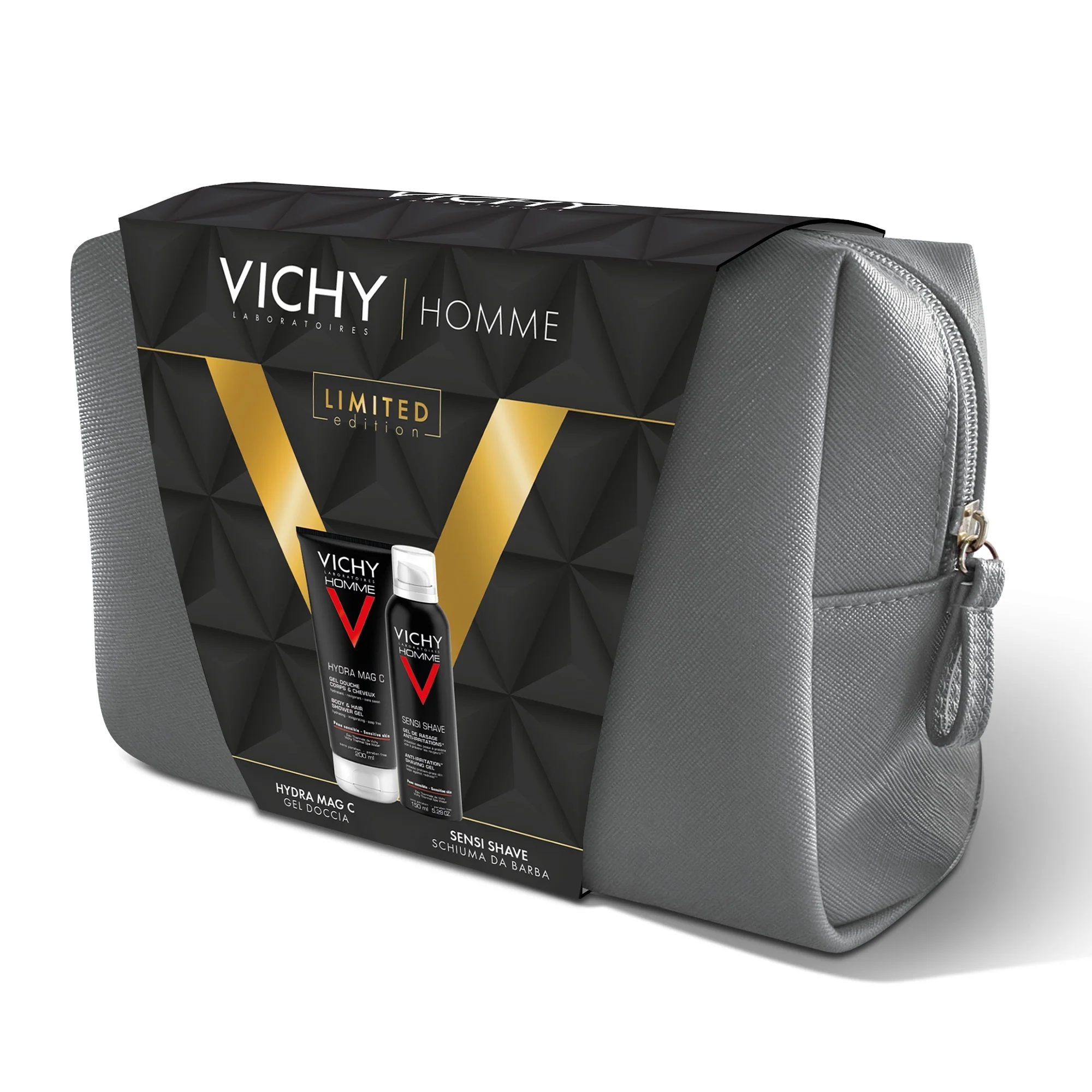 Vichy Homme Pochette Uomo con Gel Doccia Hydra Mag C + Schiuma Da Barba Sensi Shave - Cofanetti Viso e Corpo, Schiuma per Rasatura, Bagno e Doccia