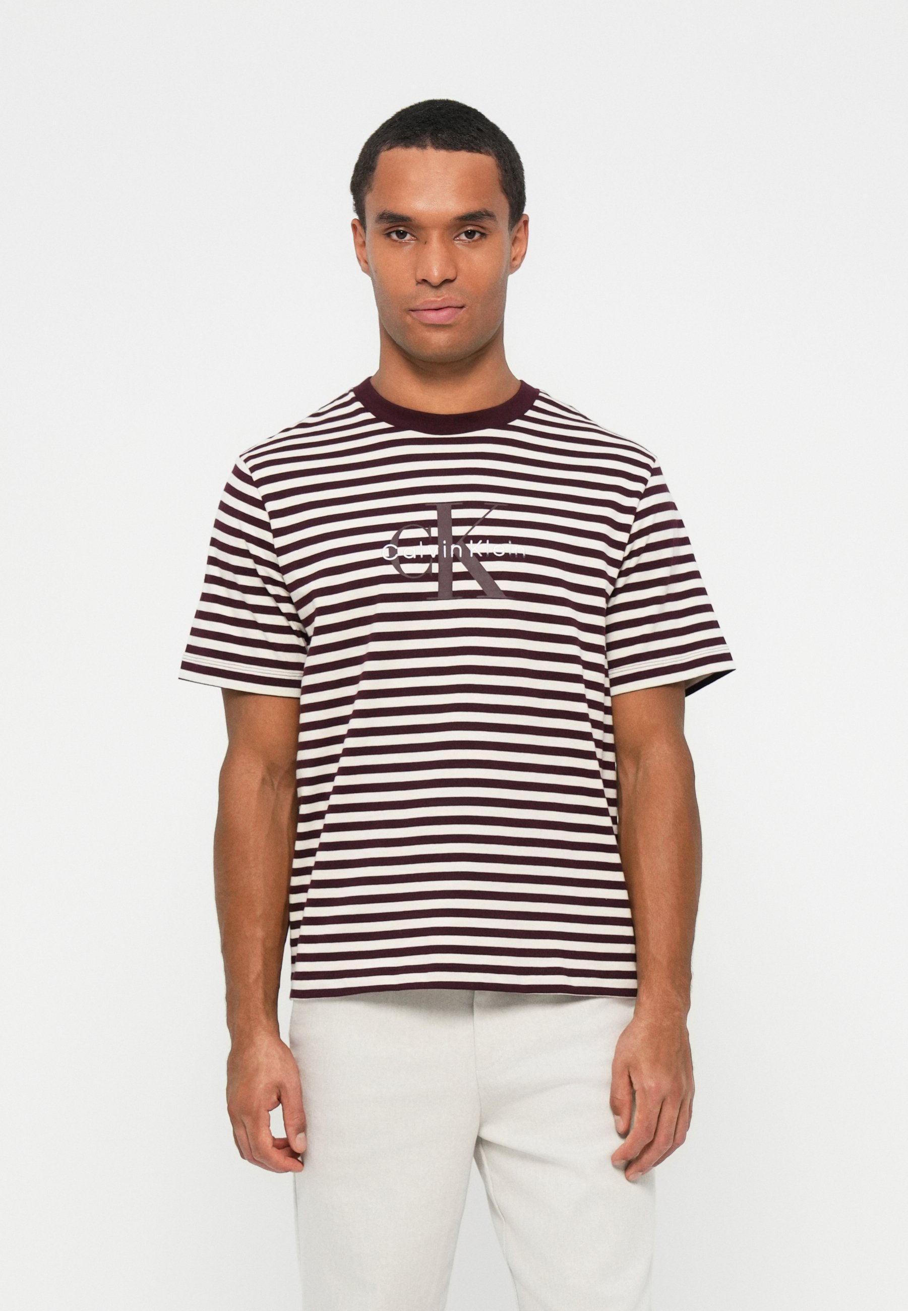 Calvin Klein Jeans STRIPE MONOLOGO - T-shirt stampata - marrone marocchino