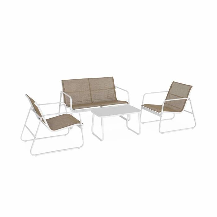 Conjunto de muebles de jardín de metal y textilene para 4 personas. Blanco y natural. Diseño