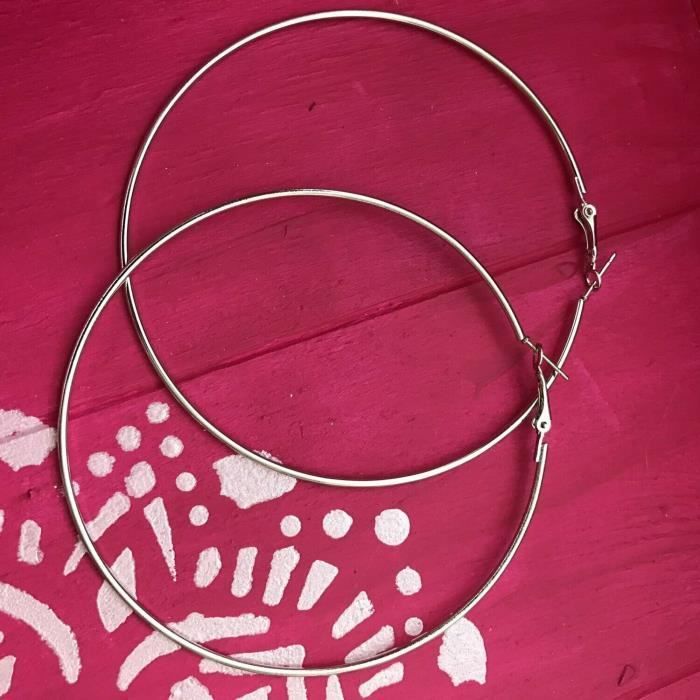 Hoop earrings - Silver-tone metal - 90mm - Women's - Silver - Silver
