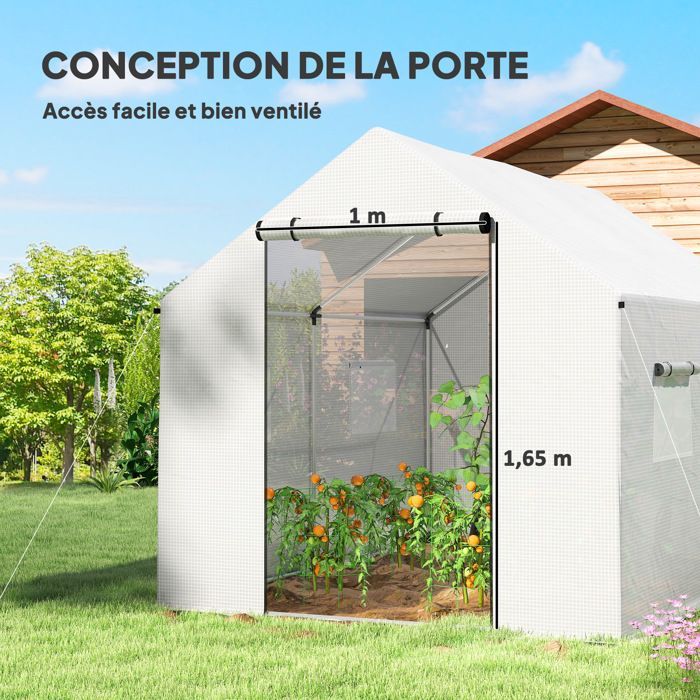 Invernadero tipo túnel Outsunny de 2 x 3 m, 6 m² con puerta enrollable, 4 ventanas - Acero galvanizado, PE de alta densidad, blanco