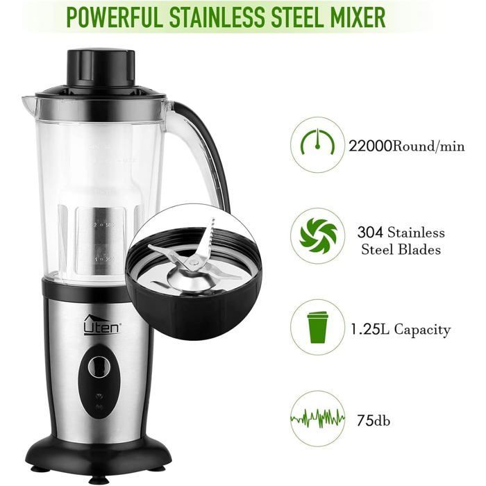 UTEN 1.25L Smoothie Blender, Multifunctional Blender with 2 Stainless Steel Blades for Fruit and Vegetable Juices