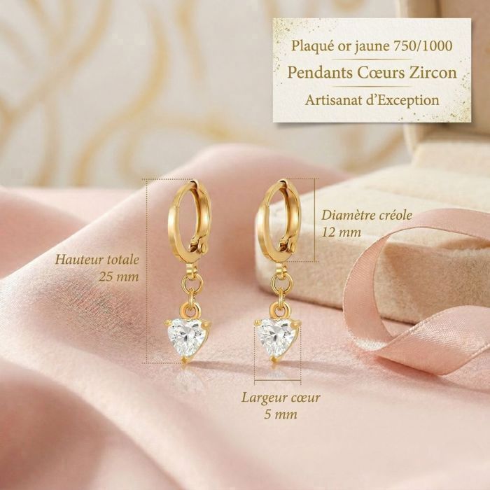 Boucles d'Oreilles - Créoles - Cœur - Plaqué Or Jaune 750/1000 - Zircon - 25 mm - Femme/Enfant
