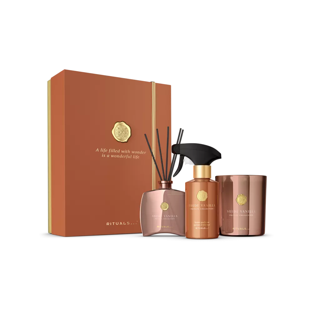 Set de regalo Private Collection Suede Vanilla L: vela aromática de 360 g, mini varitas aromáticas de 100 ml, perfume para el hogar de 250 ml.