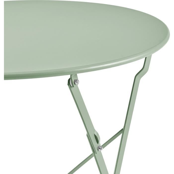 Conjunto de bistró ELORA - Conjunto de comedor de jardín - Mesa plegable de 60 cm + 2 sillas plegables - Acero con recubrimiento en polvo - Verde - Para 2 personas
