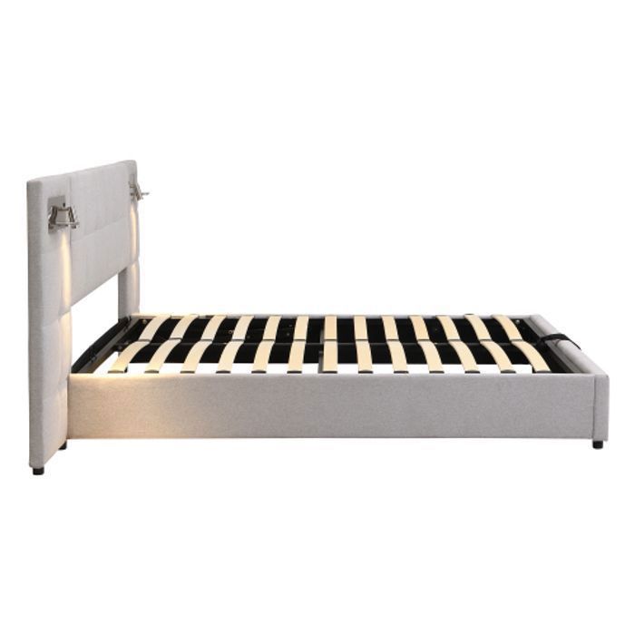 Cama doble - LANGTU - Cama tapizada - 180x200 cm - Puerto USB y carga inalámbrica - Almacenamiento hidráulico