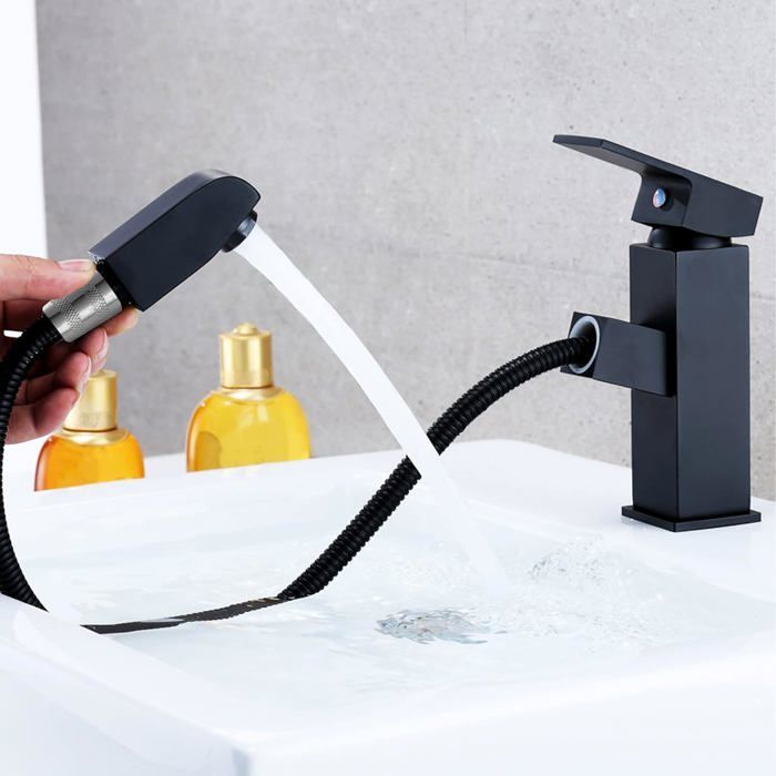 Grifo mezclador para lavabo - Negro - Cabezal rociador extraíble - Instalación de un solo orificio - Aleación de zinc