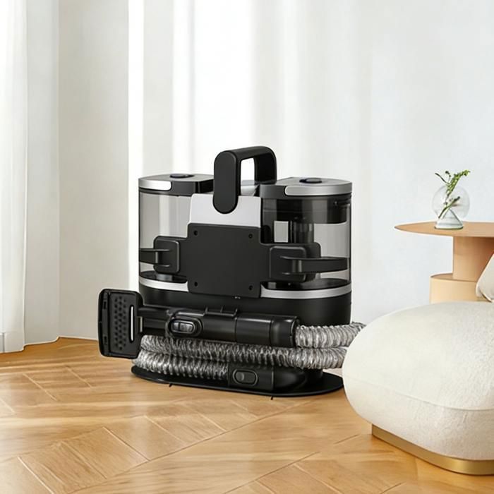 Dampfreiniger und Fleckenentferner (1200 W) – 1,6 l/0,95 l Tank – 1,9 m Schlauch / 4 m Kabel – Polsterreiniger mit 9 Zubehörteilen, Schwarz/Grau
