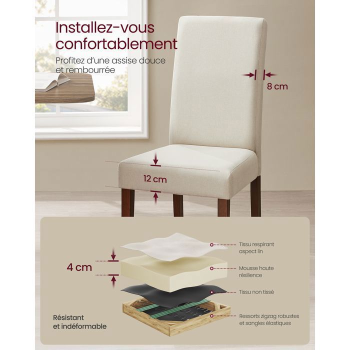 Chaises Salle à Manger - VASAGLE - Lot de 6 - Dossier Haut - Assise Épaisse - 58x48x100 cm - Blanc