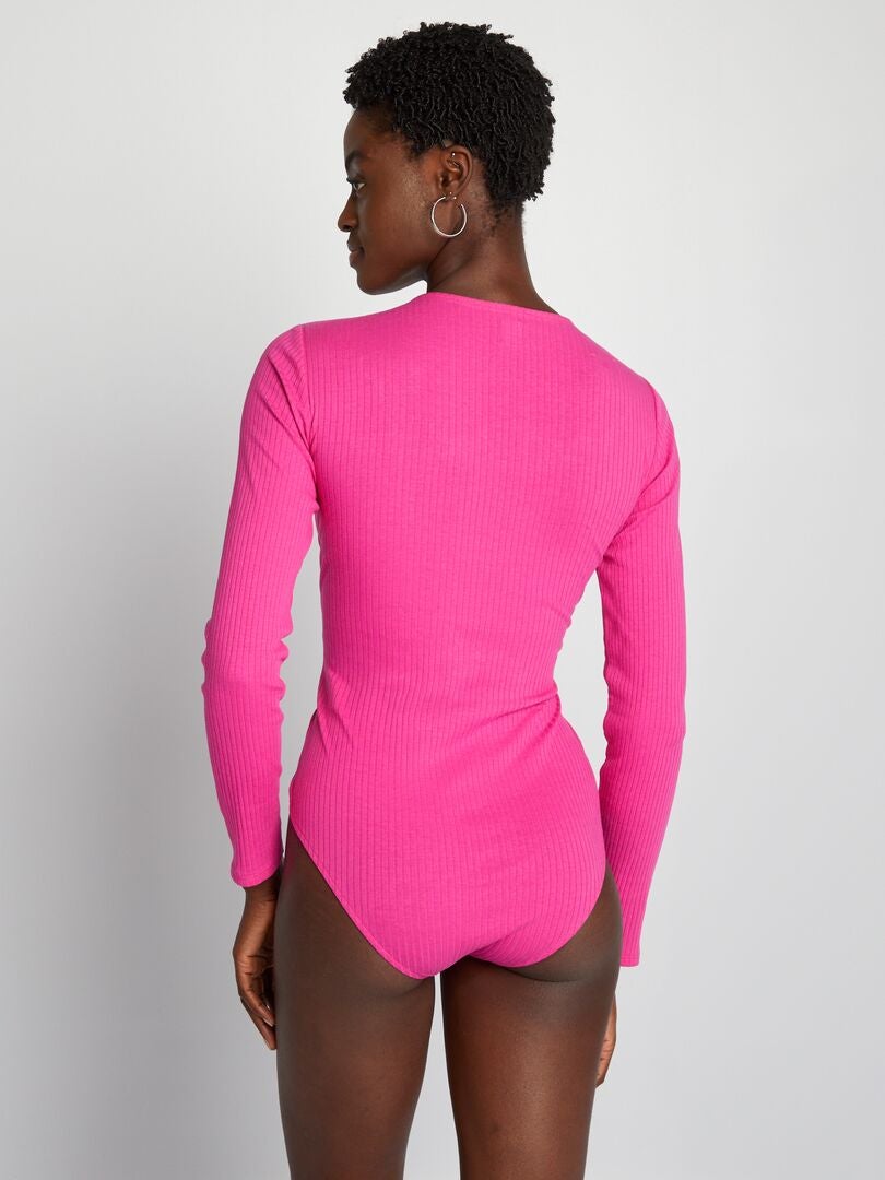 Body canelado de mangas compridas - ROSA