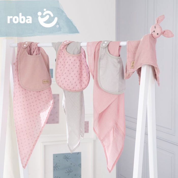 ROBA Coffret Bébé Lil Planet - 7 PCS - 3 Bavoirs + 1 Doudou + 3 Langes - Cadeau de Naissance - Rose / Gris
