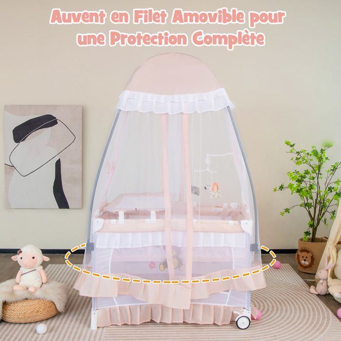 Cuna de viaje plegable 4 en 1 para bebé COSTWAY - Colchón, mosquitera, cambiador - 2 ruedas - Caja de música, 3 juguetes - Rosa