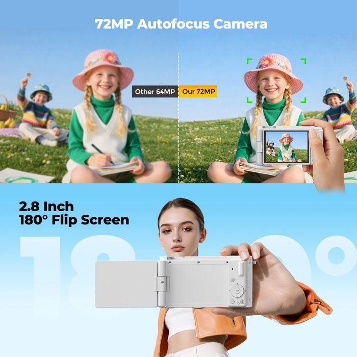 CAMPARK 5K 72MP digitale camera, vlogcamera, 6x optische zoom, 2,8 inch 270° draaibaar scherm, 64GB TF-kaart
