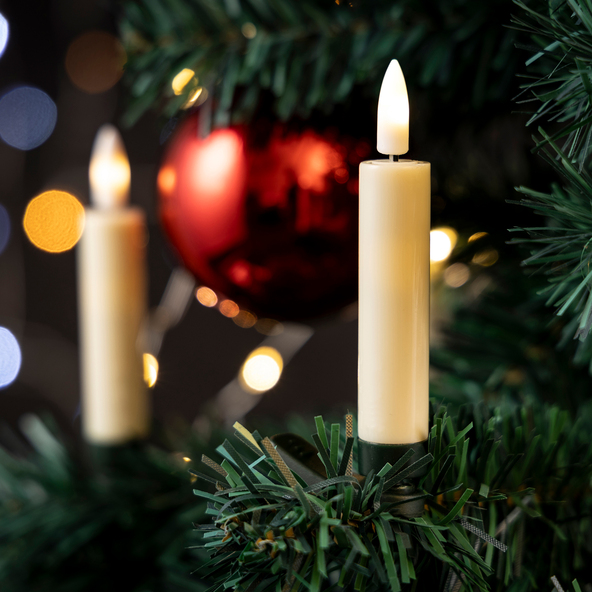 Kabellose Christbaumkerzen, glatt, creme mit grünem Clip, 15 Stück