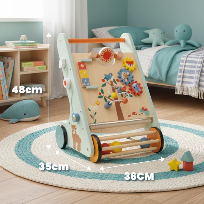 Wooden Baby Walker for Ages 12 Months and Up with Activity Panel including Sorter, Interlocking Beads, and Number Blocks