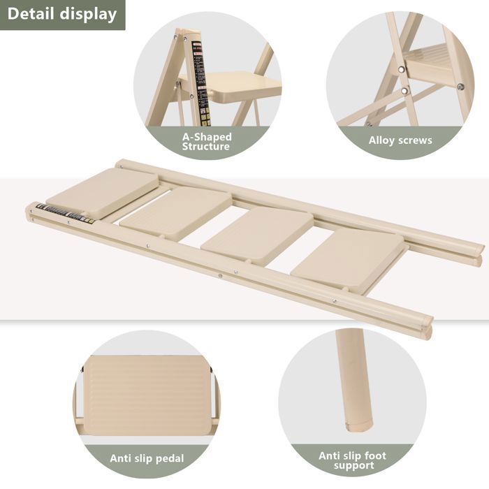 Escalera de 4 peldaños - Escalera plegable TOKIUS con plataforma antideslizante - Escalera de aluminio resistente, ligera y portátil, color beige.