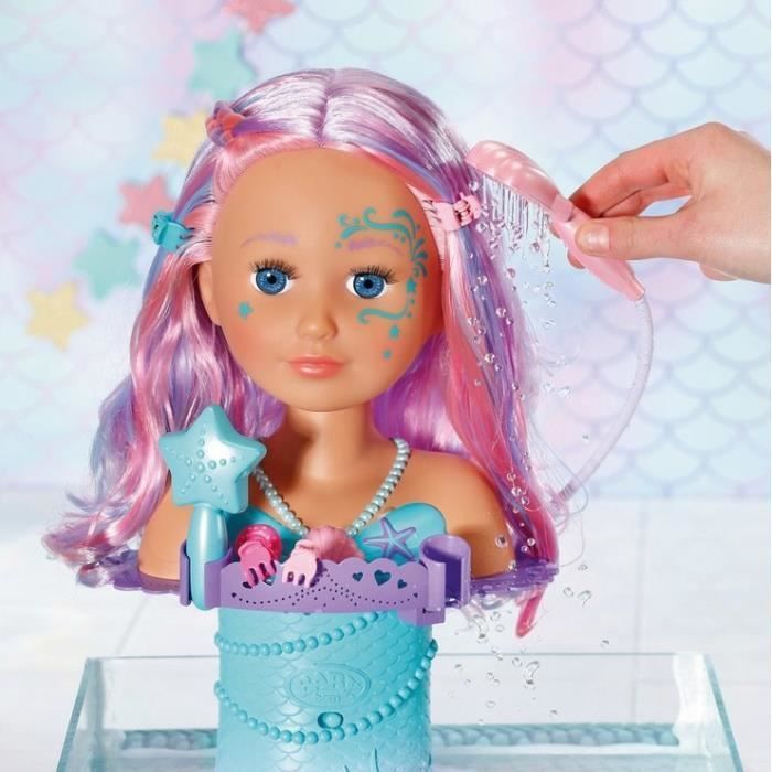 BABY BORN - Mermaid Styling Head - 1 Starfish Hairbrush, 1 Tiara and Hair Clips - Waterproof - 37cm