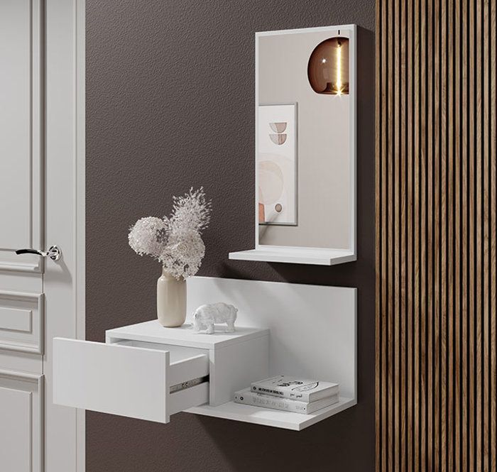 Halmeubel | 1 lade met spiegel | Halconsole | Matwitte afwerking | B 60 x D 30 x H 85,5 cm | Model
