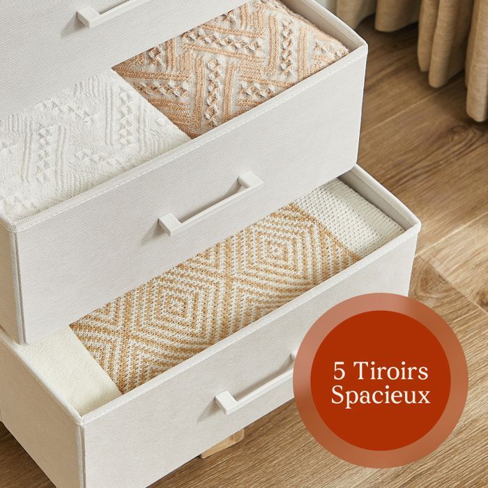 CASABEL Commode haute 5 tiroirs en tissu rigide, métal blanc et bois 45x30x94 cm, idéale pour chambre, salon ou entrée