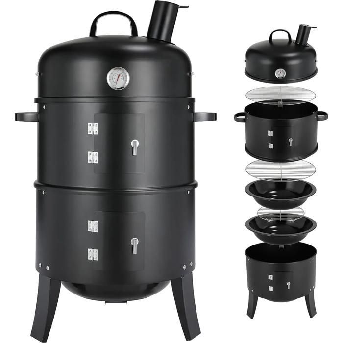 Ahumador 3 en 1 - OEM - Con chimenea - 80 cm de alto - Parrilla de carbón - 2 rejillas de acero inoxidable