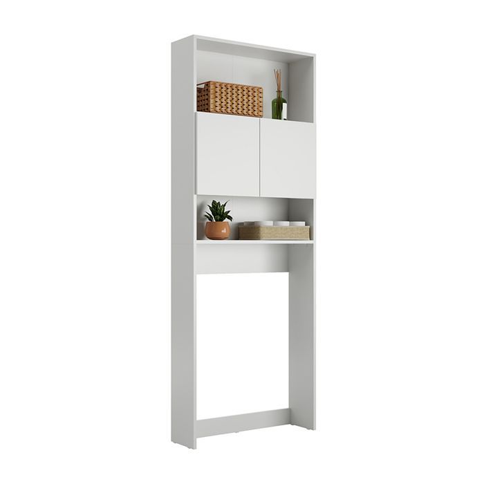 Bathroom/laundry room cabinet with 2 central doors and open shelves, white color
