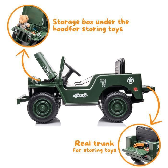 VROOOMY Willys Auto elettrica militare 12V - Verde militare - Età 1-6 anni - Pneumatici in EVA - Bluetooth - Pala inclusa