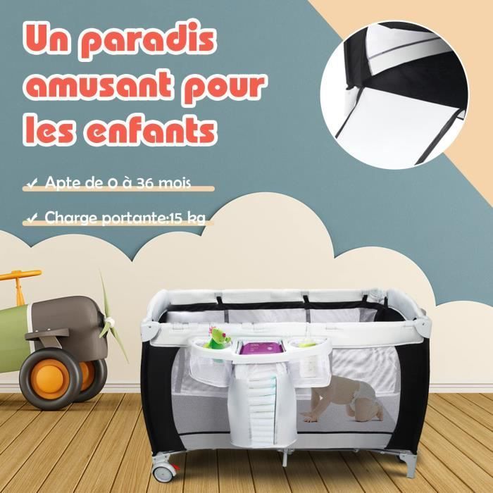 Lit Parapluie Bébé DREAMADE Pliable avec Moustiquaire, Rangements Latéraux, Jouets Suspendus, Musique, Roulettes avec Freins, Noir