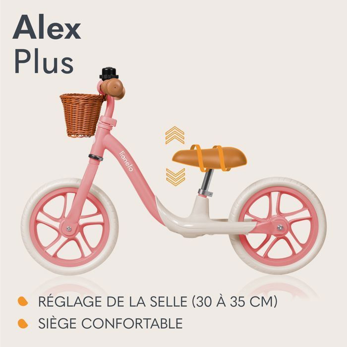 Draisienne - LIONELO Alex Plus - Selle confortable - Cadre léger et résistant - Panier et Sonnette inclus - Jusqu’à 30 kg - Rose