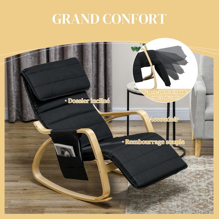 Fauteuil relax à bascule - HOMCOM - fauteuil allaitement avec repose-pieds réglable, poche latérale et appui-tête, noir