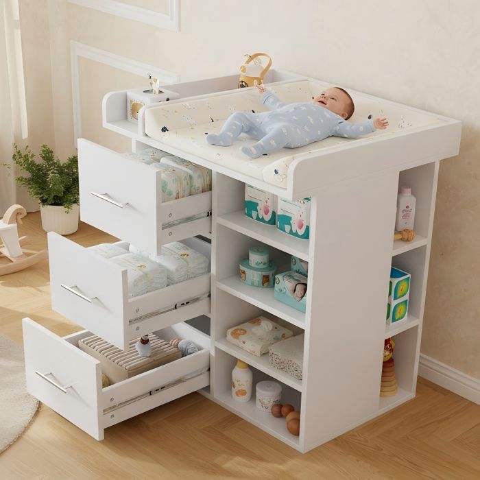 Commode à langer - Blanc pur - 3 tiroirs - Espace latéral - Étagères réglables - Espace à langer sécurisé