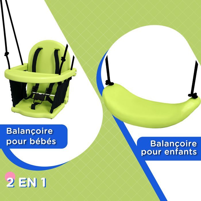 Outsunny 2-in-1 Children's Swing Set - 5-Point Indoor/Outdoor, Foldable - Metal - Green