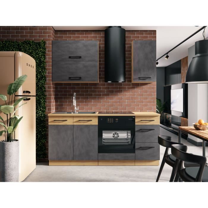 Cocina completa ROCK L180 cm - 5 módulos + mueble para horno - Acabado en melamina color roble Lancelot y gris Matera - Encimera antiadherente